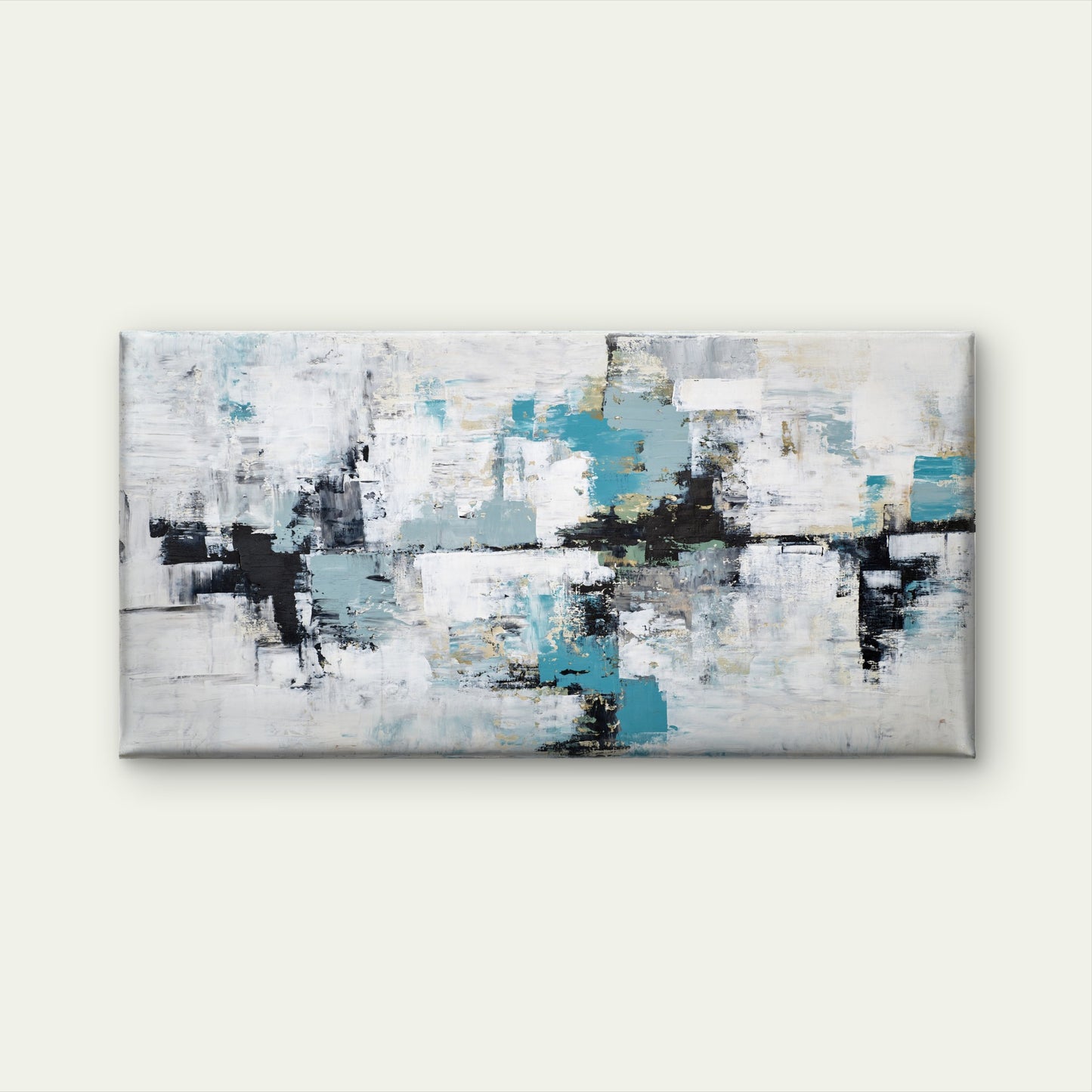 Teal Grey Block Abstract Wall Art Canvas Office Home Room Framed 120x60cm