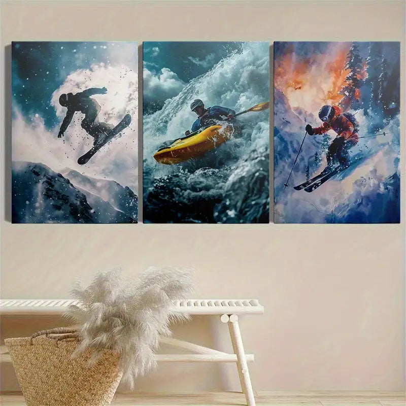 3pcs Dynamic Skiing & Kayaking Prints Metal Print Ready to Hang Art - Bella Home Decor