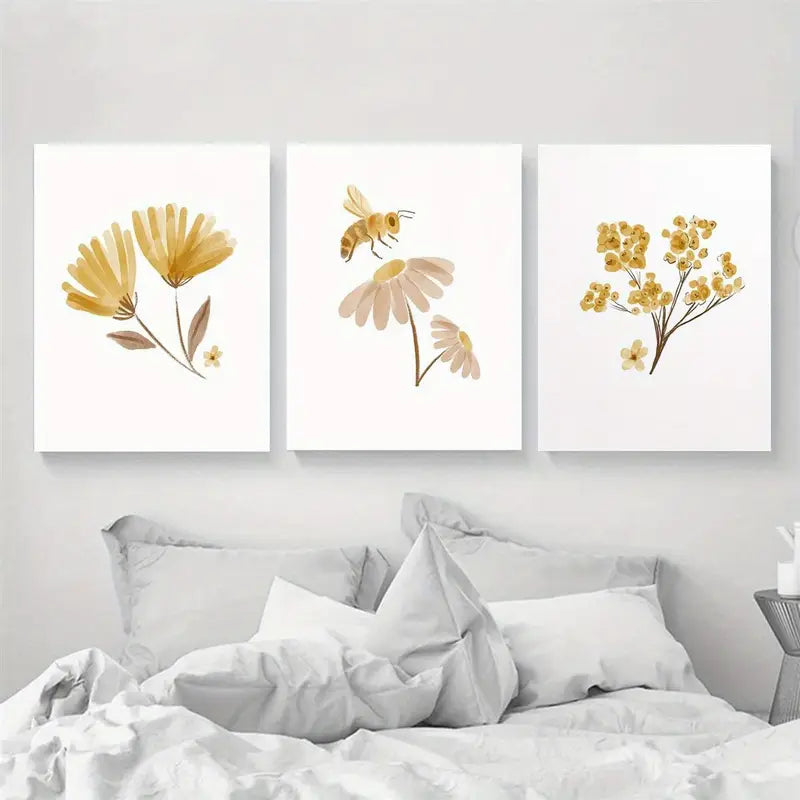 3pcs Boho Floral Bee Art Prints Metal Print Ready to Hang Art - Bella Home Decor
