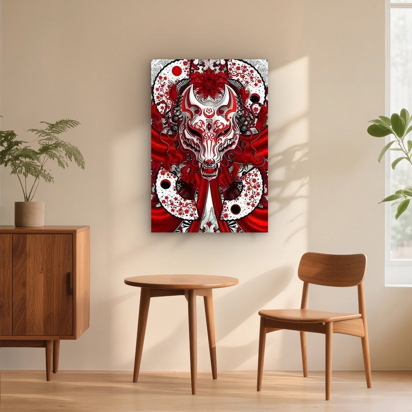 Mysterious Fox Mask with Japanese Floral 40x60cm Metal Print Ready to Hang - Bella Home Decor