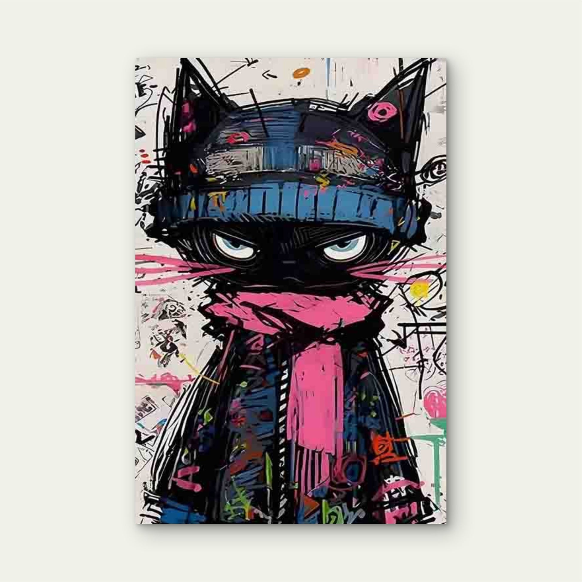 Black Cat with Blue Hat & Pink Scarf Metal Print Ready to Hang - Bella Home Decor