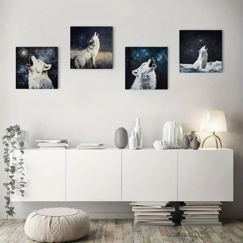 4pcs Howling Wolf On Grunge Black Background  Wall Art Canvas Framed