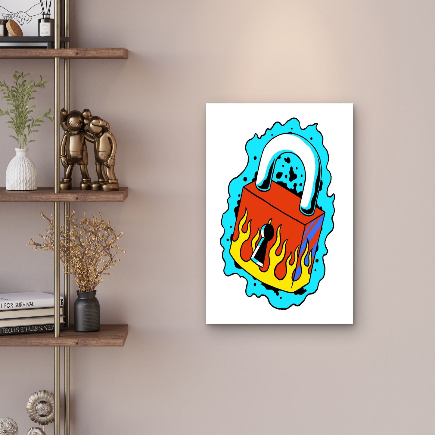 Retro Fire Padlock Design Metal Print Ready to Hang - Bella Home Decor