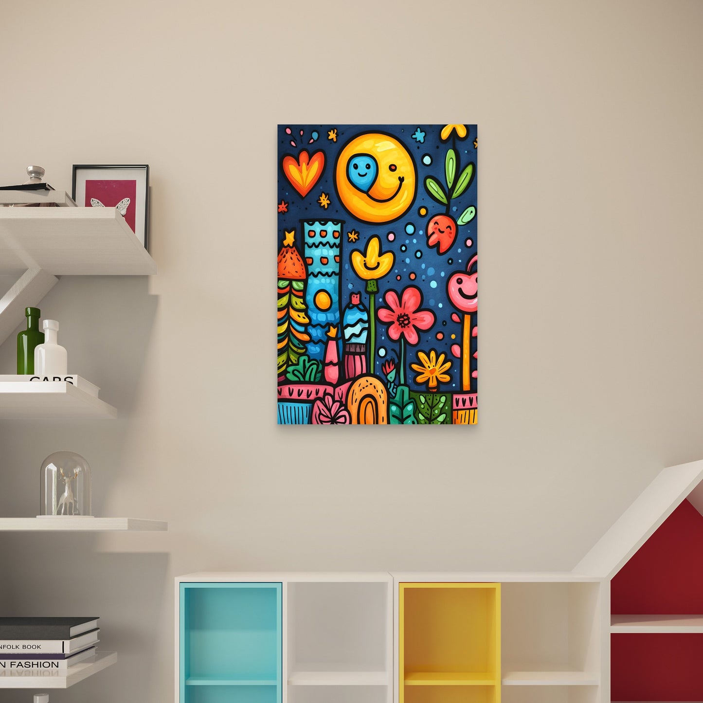 Whimsical Cartoon Doodle Flowers And Smiling Moon 5mm thick Plastic Poster Ready to Hang 90x60cm