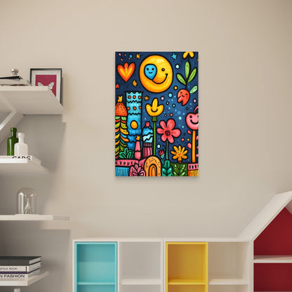 Whimsical Cartoon Doodle Flowers And Smiling Moon 5mm thick Plastic Poster Ready to Hang 90x60cm