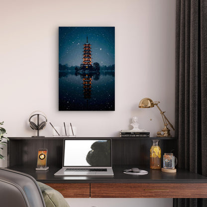 Japanese Pagoda Winter Wonderland 60x90cm Metal Print Ready to Hang