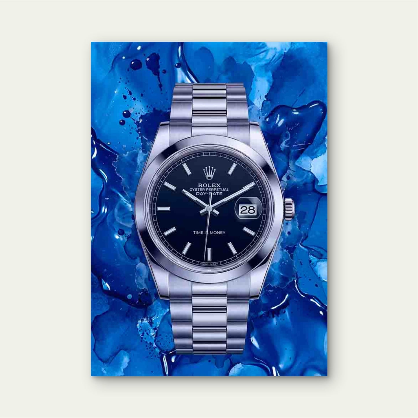 Blue Timepiece Silver Watch Splash 40x60cm Metal Print Ready to Hang - Bella Home Decor