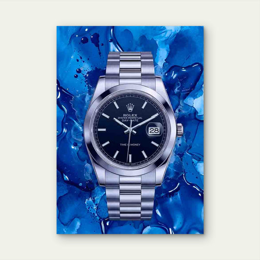 Blue Timepiece Silver Watch Splash 40x60cm Metal Print Ready to Hang