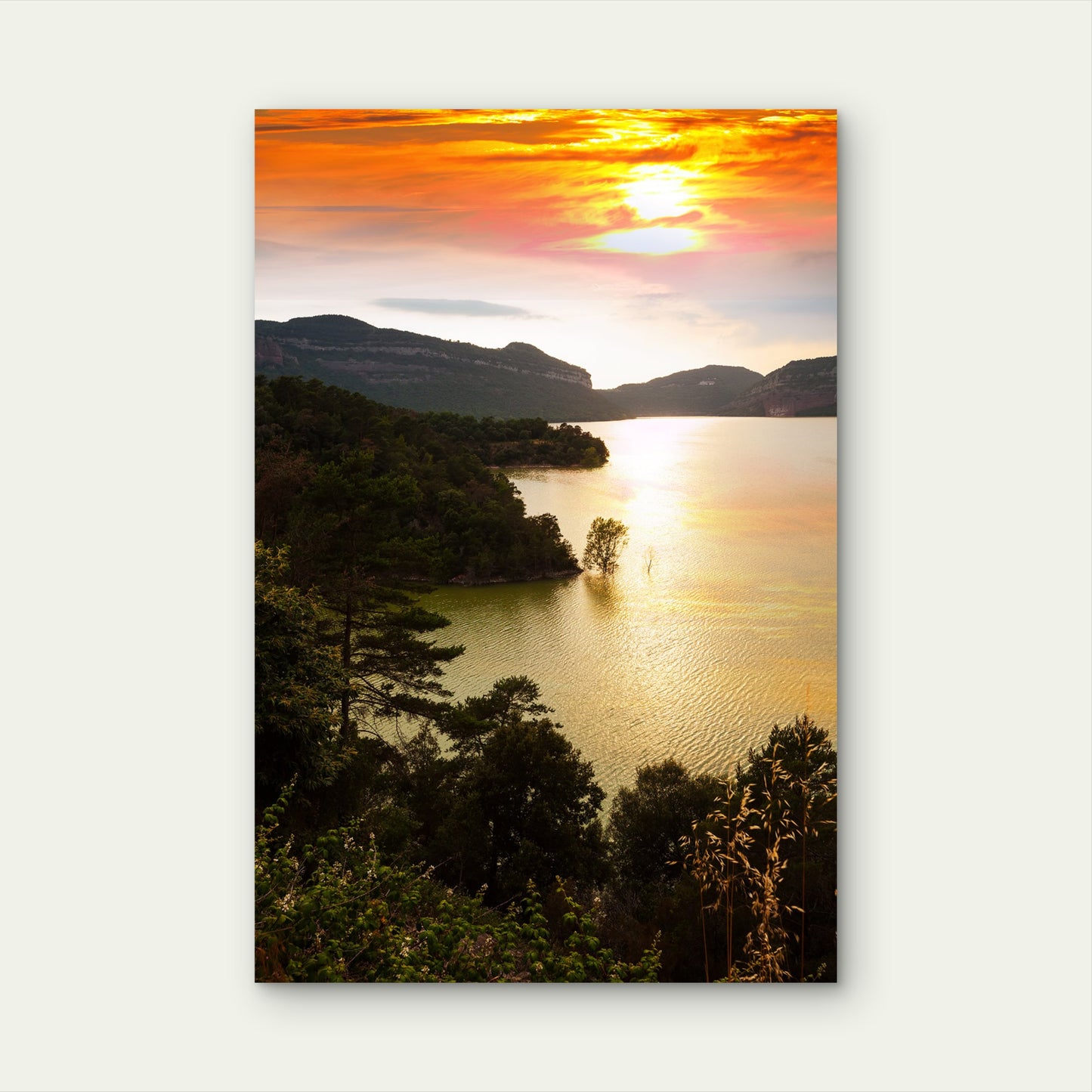 Golden Sunset Lake Reflection Forest 40x60cm Metal Print Ready to Hang