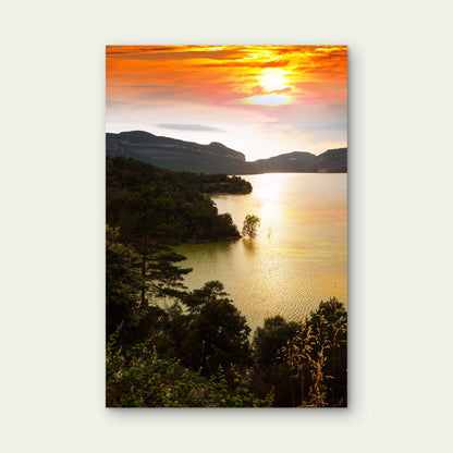 Golden Sunset Lake Reflection Forest 40x60cm Metal Print Ready to Hang