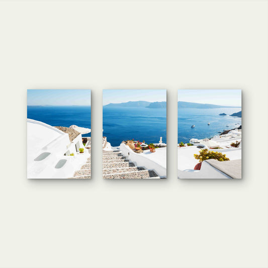 3pcs White Architecture On Santorini Island Metal Print Ready to Hang Art - Bella Home Decor