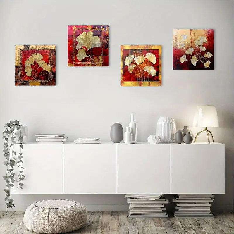 4pcs Ginkgo Flower Leaf Canvas Wall Art Canvas Framed