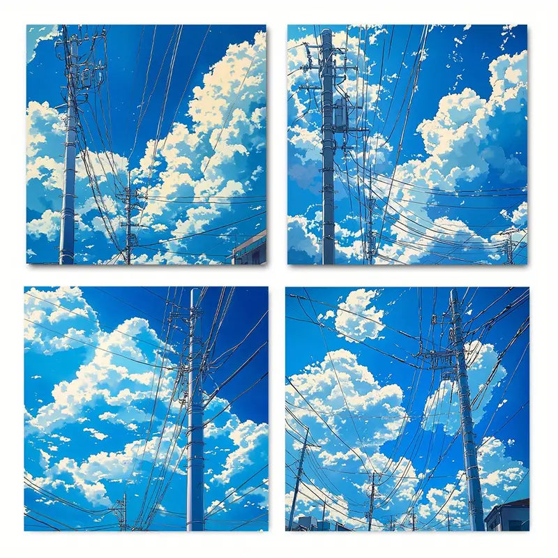 4pcs Vibrant Blue Sky & Power Lines Design Wall Art Canvas Framed