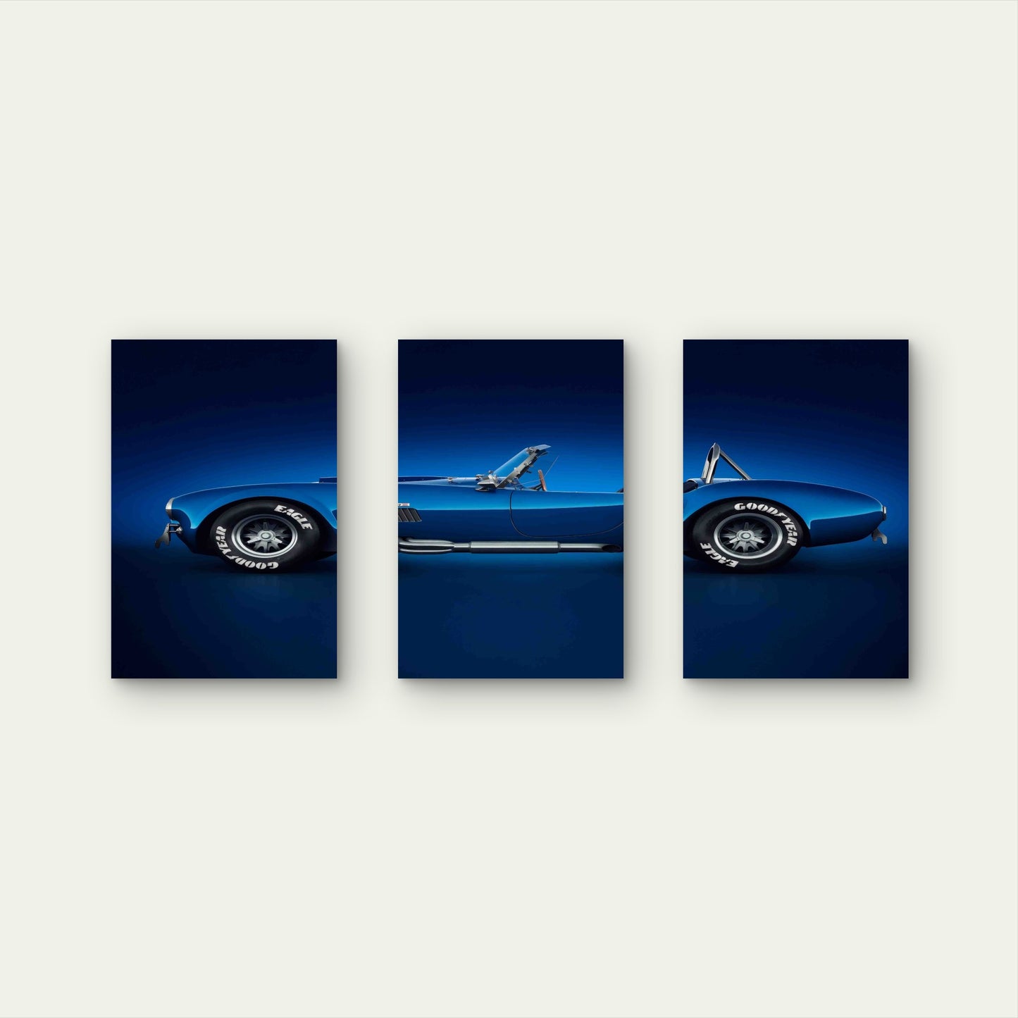 3pcs Electric Blue Retro Roadster Metal Print Ready to Hang Art