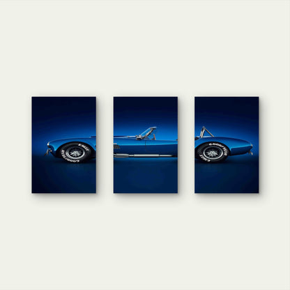 3pcs Electric Blue Retro Roadster Metal Print Ready to Hang Art