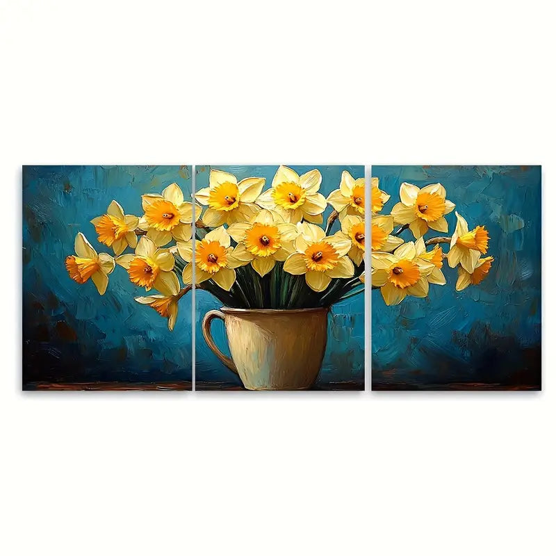 3pcs Yellow Daffodil Still Life Painting Wall Art Set Canvas Framed 50x70cm - High Quality Print 100% Australian Made Wall Canvas Ready to Hang