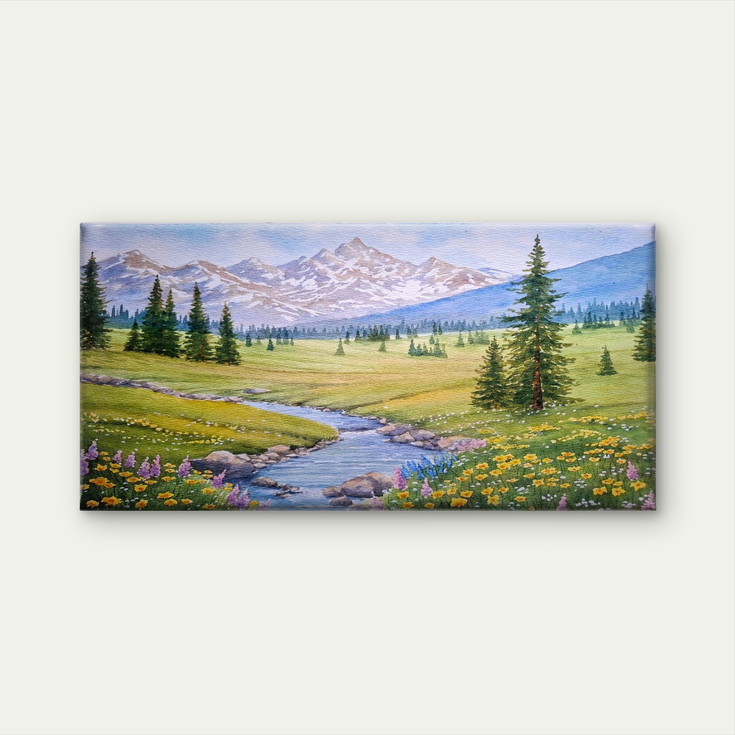Alpine Mountain River Flower Field Wall Art Canvas Office Home Framed 120x60cm