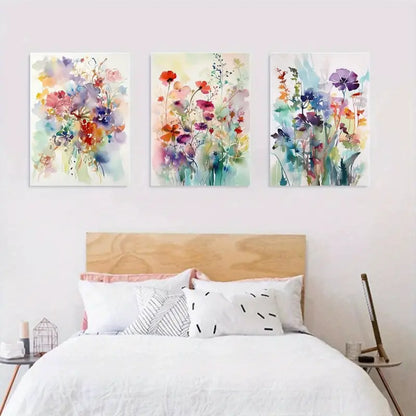3pcs Vibrant Floral Watercolor Canvas Metal Print Ready to Hang Art