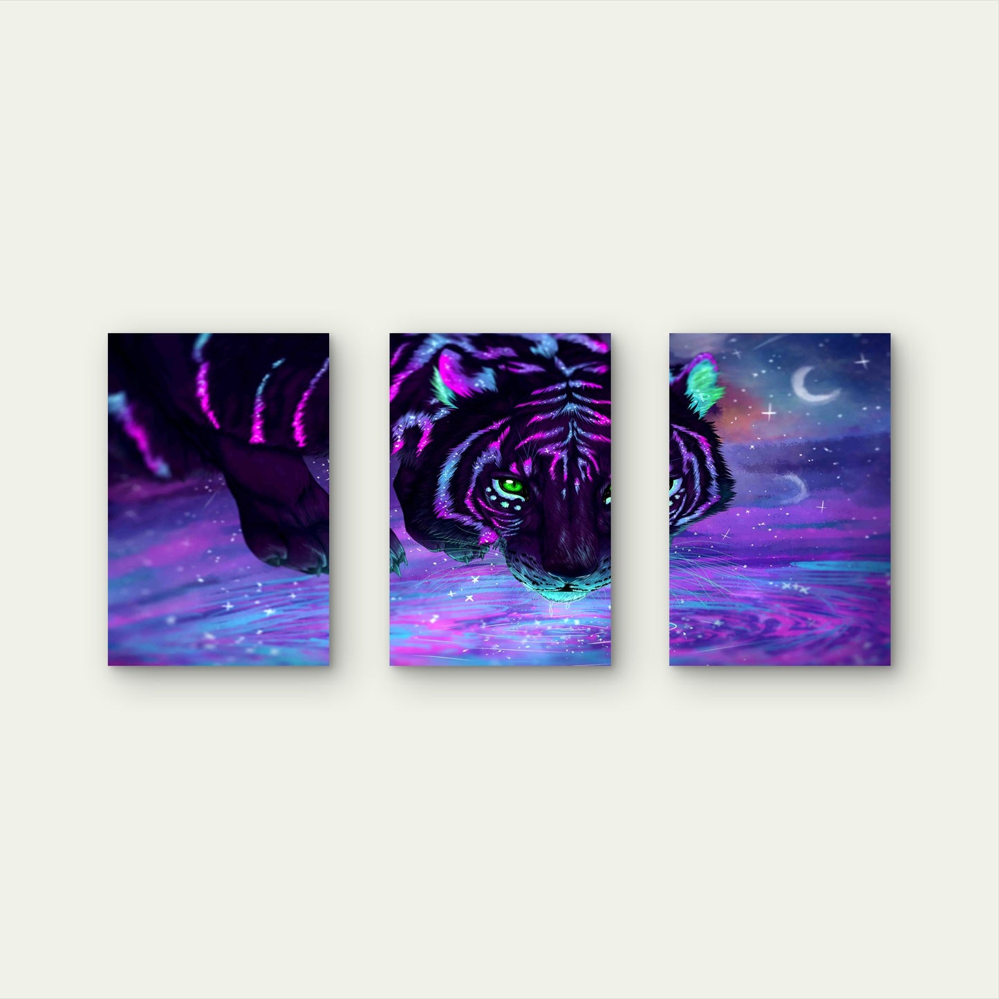 3pcs Neon Cosmic Tiger Glowing Green Eyes Metal Print Ready to Hang Art