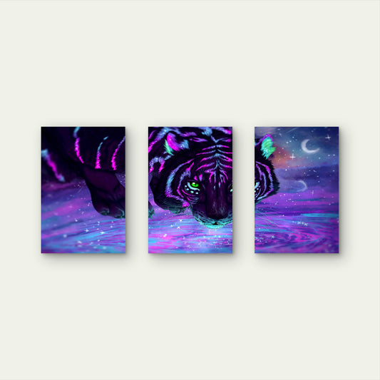 3pcs Neon Cosmic Tiger Glowing Green Eyes Metal Print Ready to Hang Art