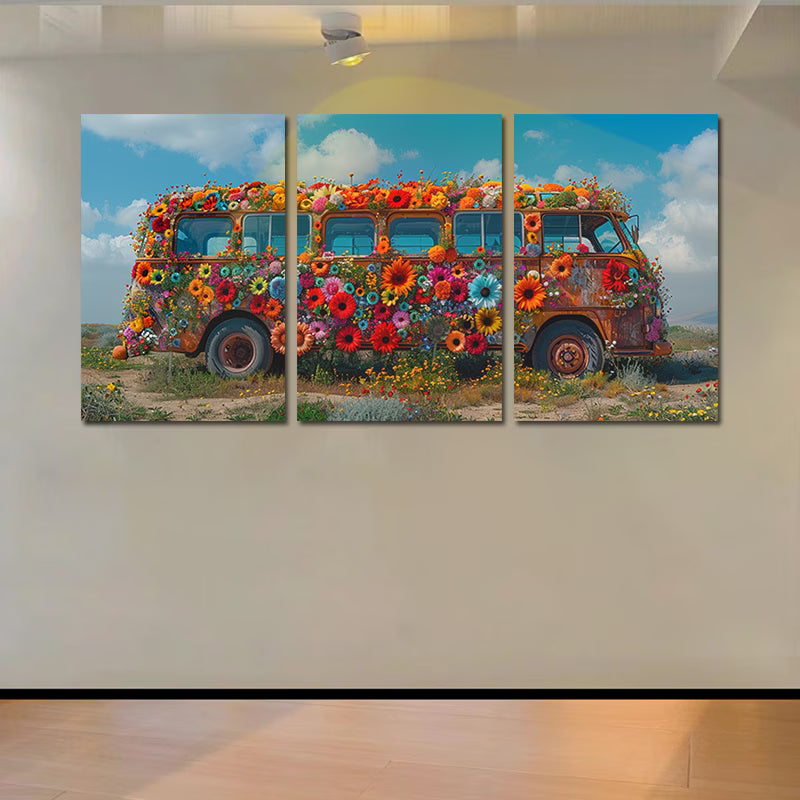 3pcs Vibrant Floral Bus Design Wall Art Set Canvas Framed 50x70cm - High Quality Print 100% Australian Made Wall Canvas Ready to Hang
