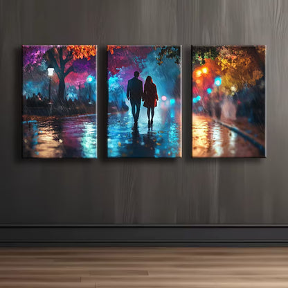 3pcs Lovers taking a walk in Vibrant Street Wall Art Set Canvas Framed 40x60cm - High Quality Print 100% Australian Made Wall Canvas Ready to Hang