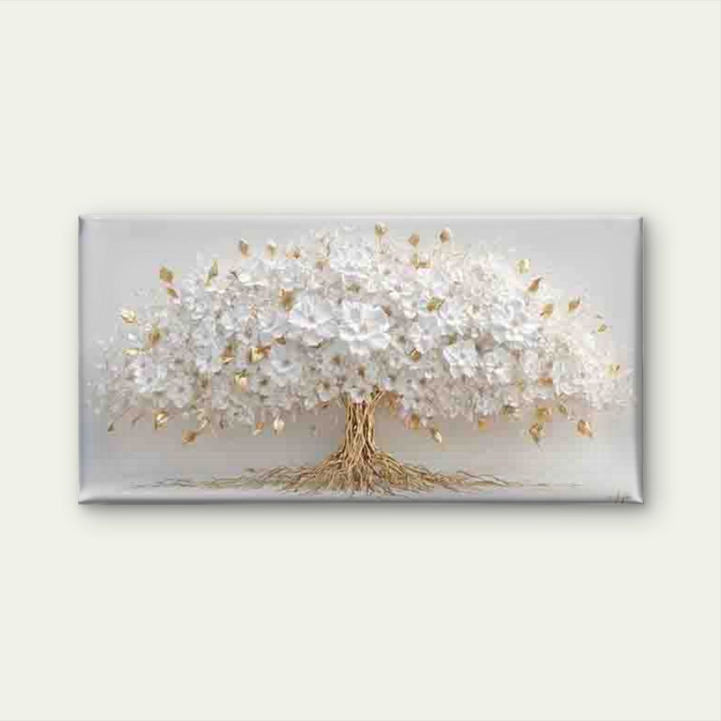 Golden Tree of White Flowers Wall Art Canvas Office Home Room Framed 120x60cm