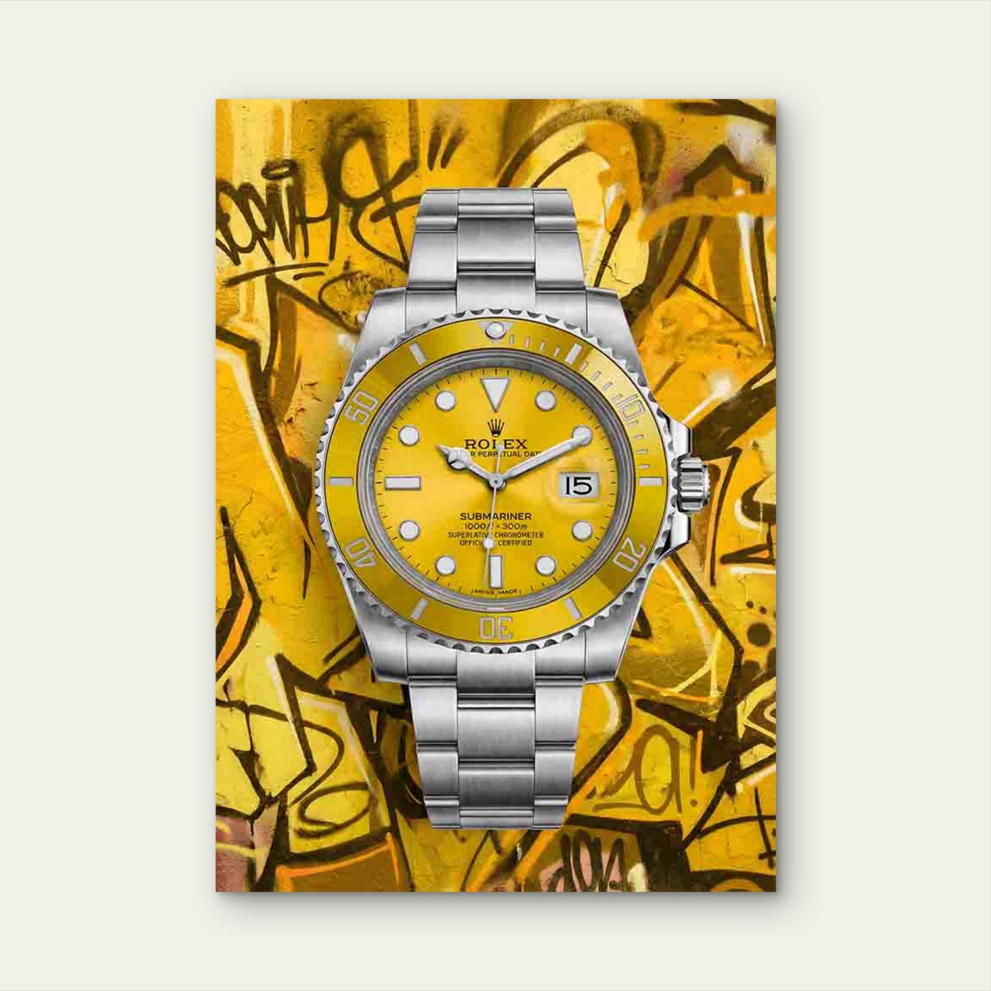 Yellow Luxury Watch Graffiti 40x60cm Metal Print Ready to Hang - Bella Home Decor
