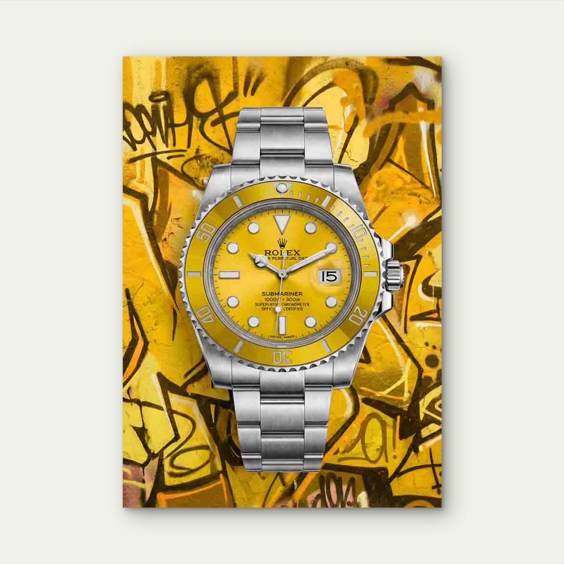 Yellow Luxury Watch Graffiti 40x60cm Metal Print Ready to Hang - Bella Home Decor