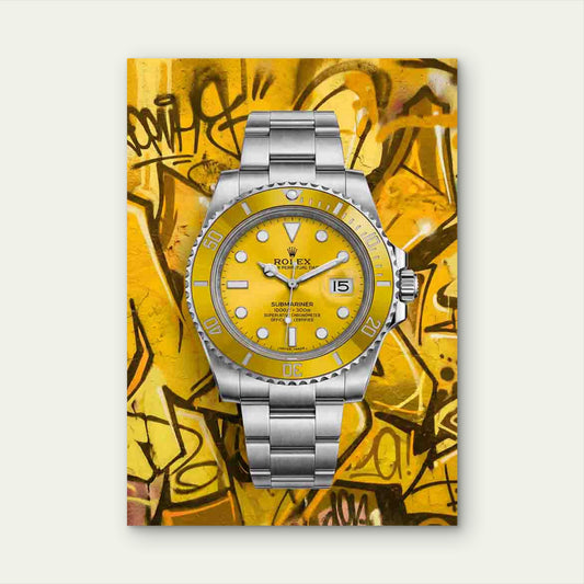 Yellow Luxury Watch Graffiti 40x60cm Metal Print Ready to Hang