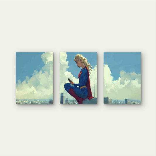3pcs Blonde Comic Heroine on Rooftop Over City Metal Print Ready to Hang Art