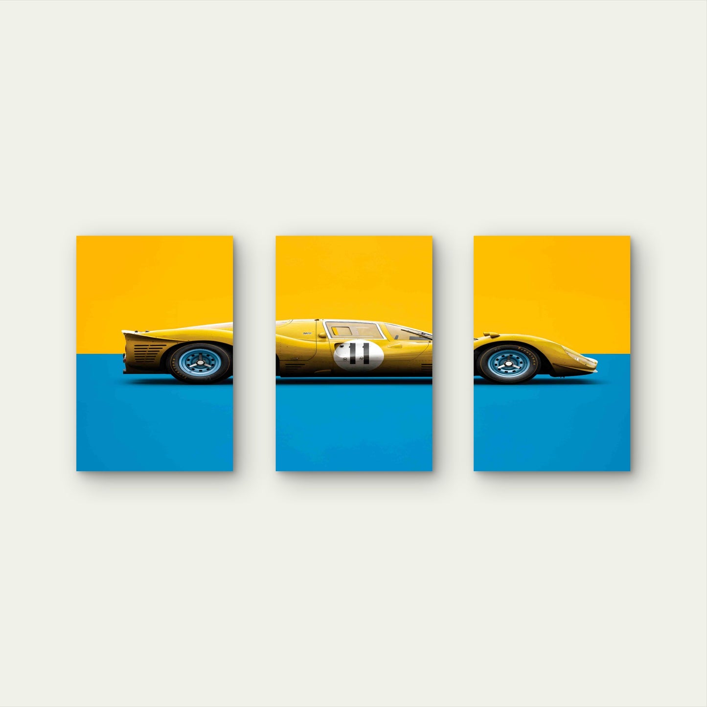3pcs Vintage Yellow Racing Car Retro Metal Print Ready to Hang Art