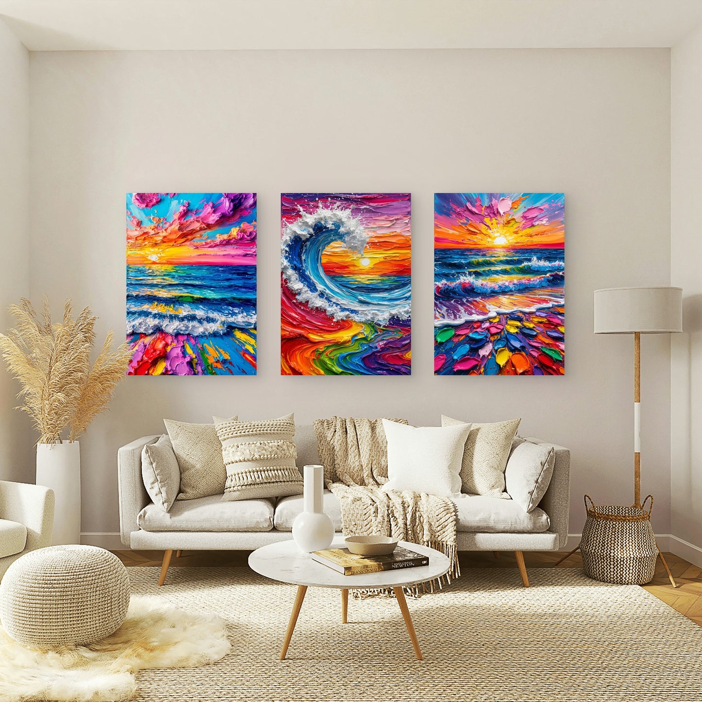 3pcs Vibrant Colorful Ocean Wave Impasto Sunset Painting Wall Art Set Canvas Framed 40x60cm - High Quality Print 100% Australian Made Wall Canvas Ready to Hang