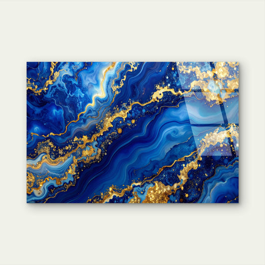 Abstract Navy Blue Golden Agate Geode Acrylic Glass Printing Wall Art Australian Made Quality