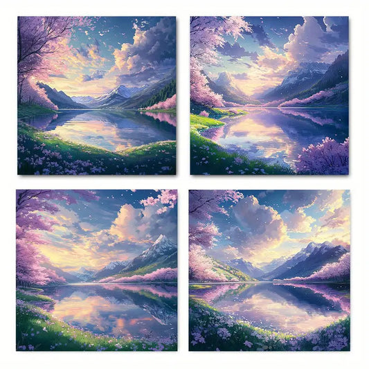 4pcs  Mountain Sakura Lake Picture  TR   Wall Art Canvas Framed