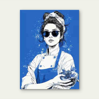 Chef with Plants & Fashion Glasses in Blue Tones 60x90cm Metal Print Ready to Hang