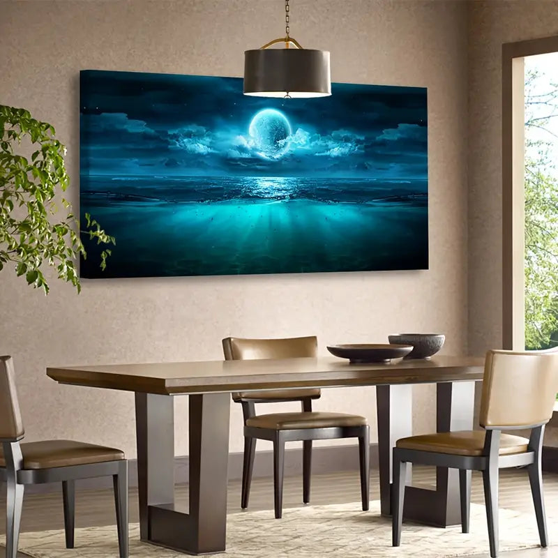 Moon Sea Blue Seascape Night Sky Wall Art canvas office home room framed 120x60cm - Bella Home Decor