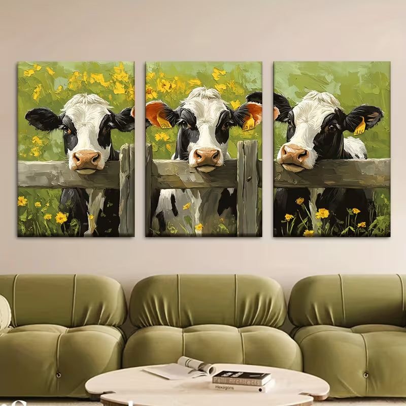 3pcs Depicting a Cow in a Yellow Flower Field Wall Art Set Canvas Framed 40x60cm - High Quality Print 100% Australian Made Wall Canvas Ready to Hang - Bella Home Decor