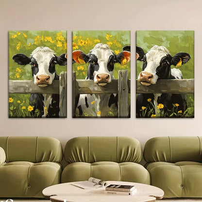 3pcs Depicting a Cow in a Yellow Flower Field Wall Art Set Canvas Framed 40x60cm - High Quality Print 100% Australian Made Wall Canvas Ready to Hang - Bella Home Decor