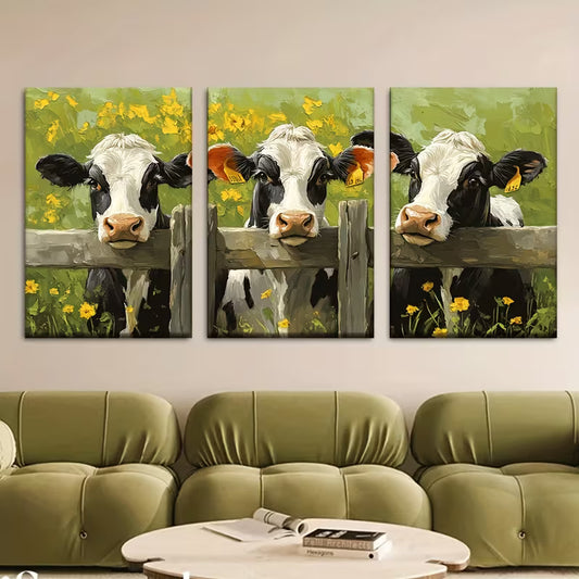 3pcs Depicting a Cow in a Yellow Flower Field Wall Art Set Canvas Framed 40x60cm - High Quality Print 100% Australian Made Wall Canvas Ready to Hang
