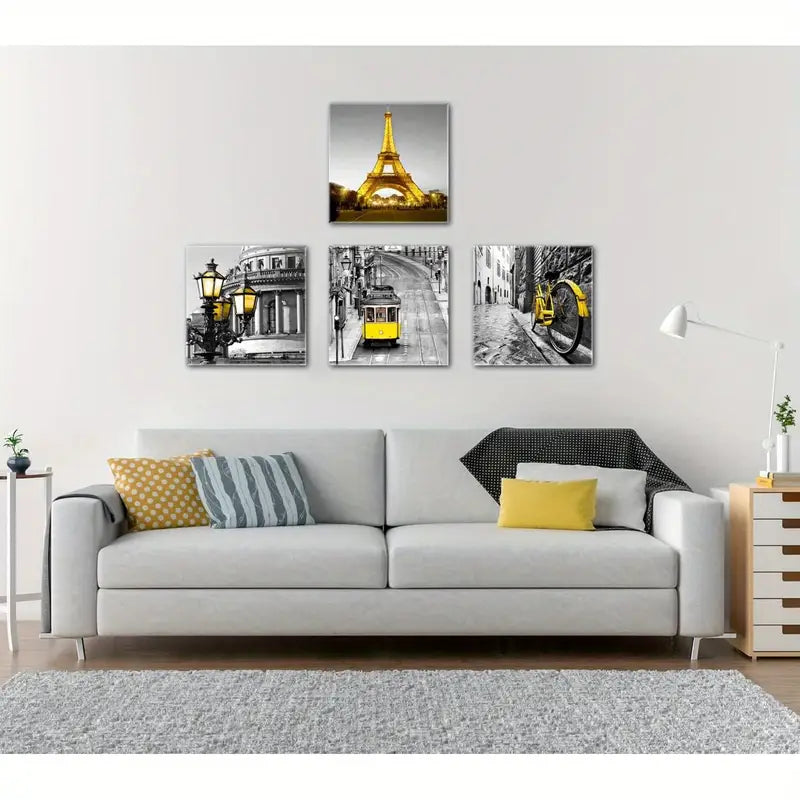 4pcs Vintage Tram & Charming Black and White   Wall Art Canvas Framed - Bella Home Decor