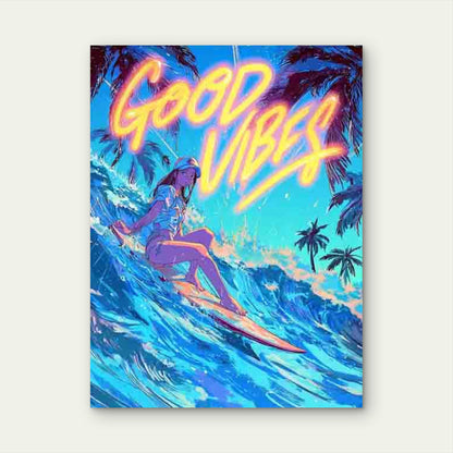 Good Vibes Only Surfing Woman & Tropical Palm Trees Metal Print Ready to Hang
