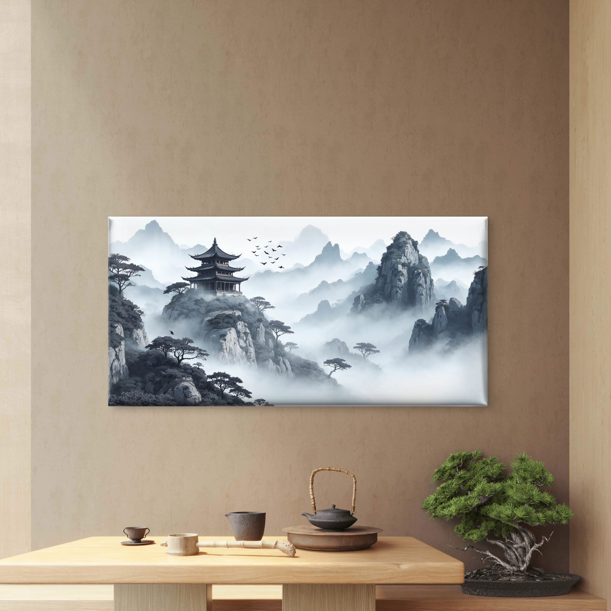 Pagoda Above Misty Peaks Wall Art Canvas Office Home Room Framed 120x60cm - Bella Home Decor