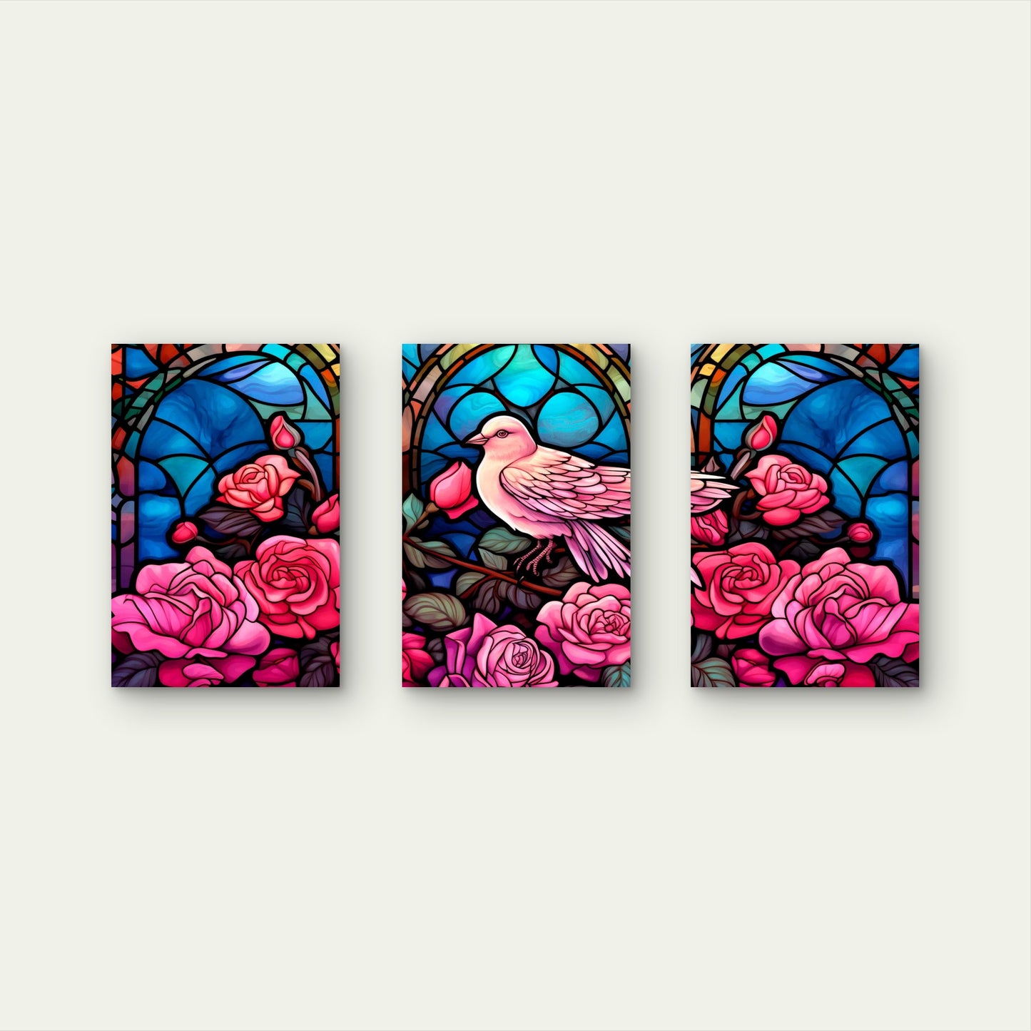 3pcs Art Nouveau Stained Glass Pink Dove Rose Bush Metal Print Ready to Hang Art