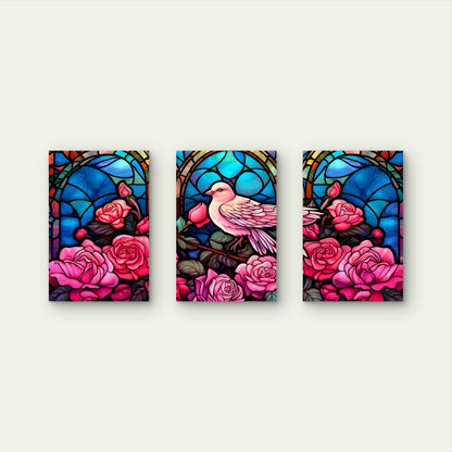 3pcs Art Nouveau Stained Glass Pink Dove Rose Bush Metal Print Ready to Hang Art