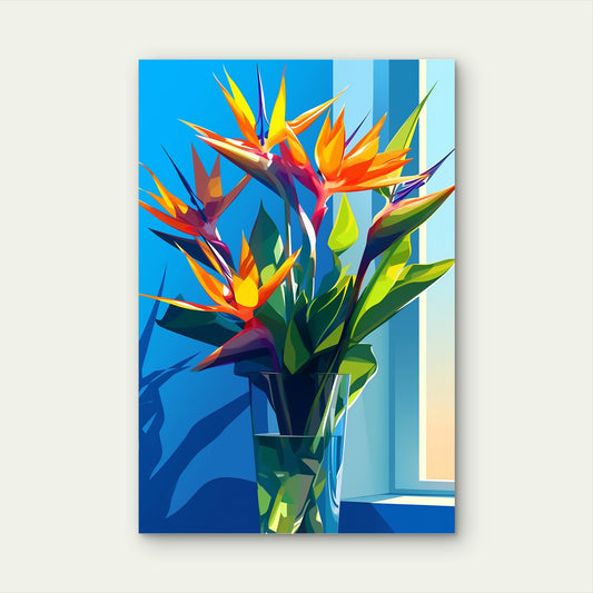 Bird of Paradise Flowers Blue Orange Window 40x60cm Metal Print Ready to Hang