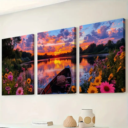 3pcs River at Dusk Peaceful Landscape Wall Art Set Canvas Framed 40x60cm - High Quality Print 100% Australian Made Wall Canvas Ready to Hang