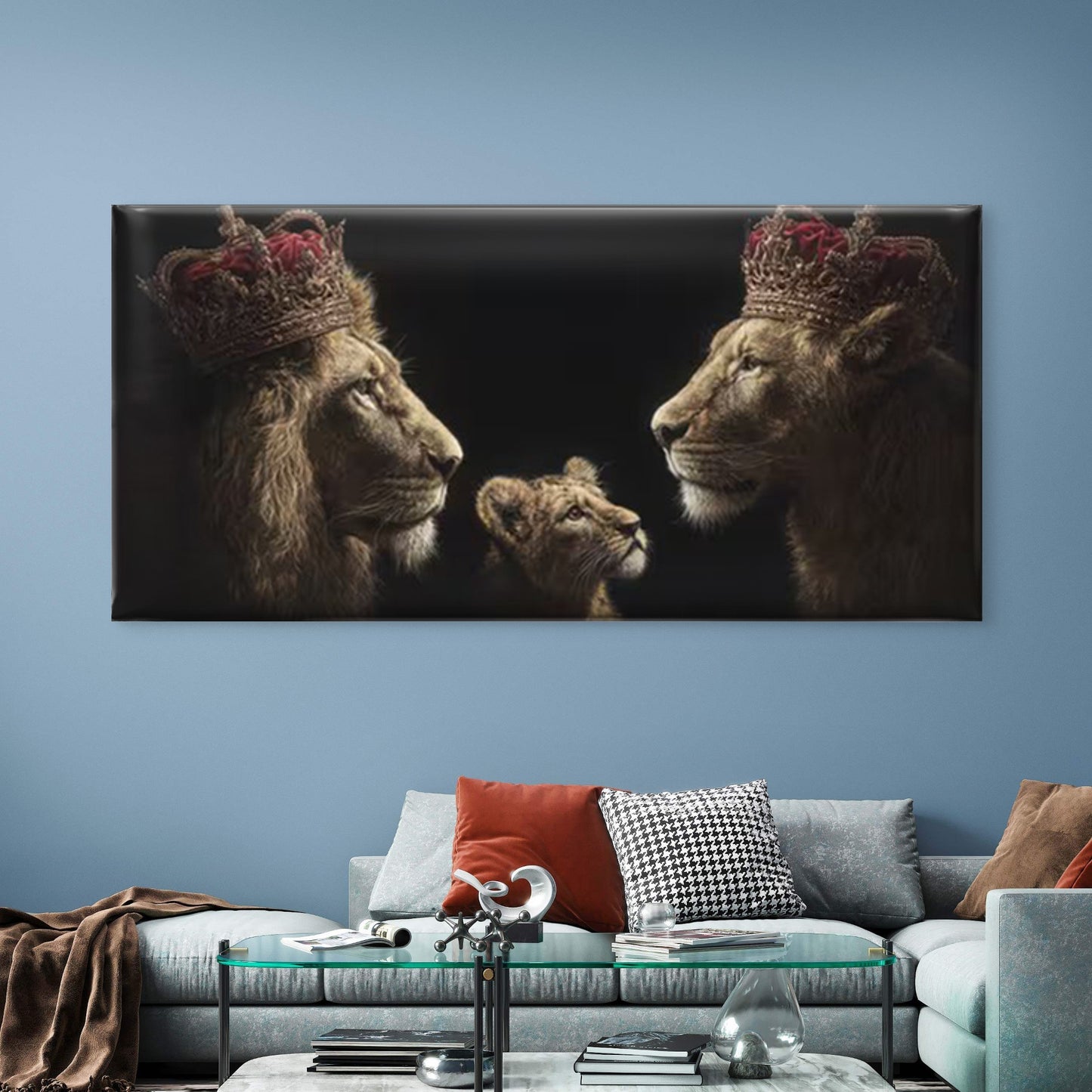 Majestic Crowned Lions, Vintage Wildlife Wall Art Canvas Office Home Room Framed 120x60cm