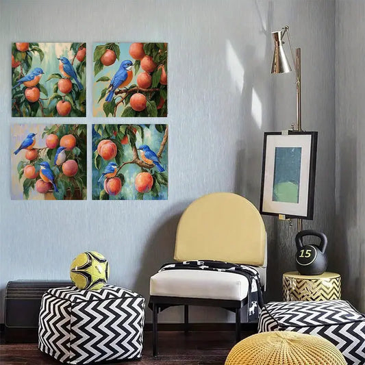 4pcs Bluebirds And Peaches Brid Deco Wall Art Canvas Framed