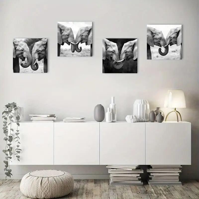 4pcs Black And White Elephant Family Bonding Wall Art Canvas Framed